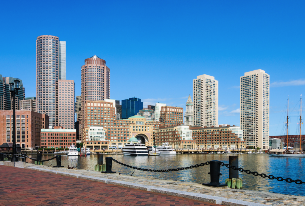 A picture of Boston Harbor taken from a private party boat rental in Boston.