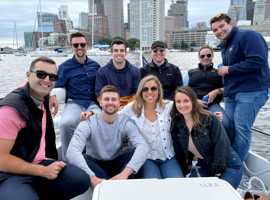 Boston boat cruise with 9 friends and family members on an electric boat rental.